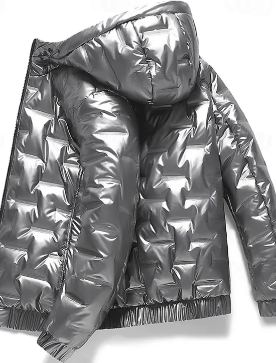 Clearance OUKU Men's Puffer Jacket Quilted Jacket Hoodie Jacket Cardigan Slim Fit Casual Daily Regular Casual Daily Trendy Waterproof Windproof Warm Fall Winter Solid Color Silver Black Puffer Jacket