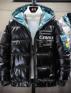 Discount OUKU Men's Puffer Jacket Quilted Jacket Padded Cardigan Zipper Pocket Print Vacation Going out Weekend Outdoor Casual / Daily Winter Letter Silver Black Puffer Jacket