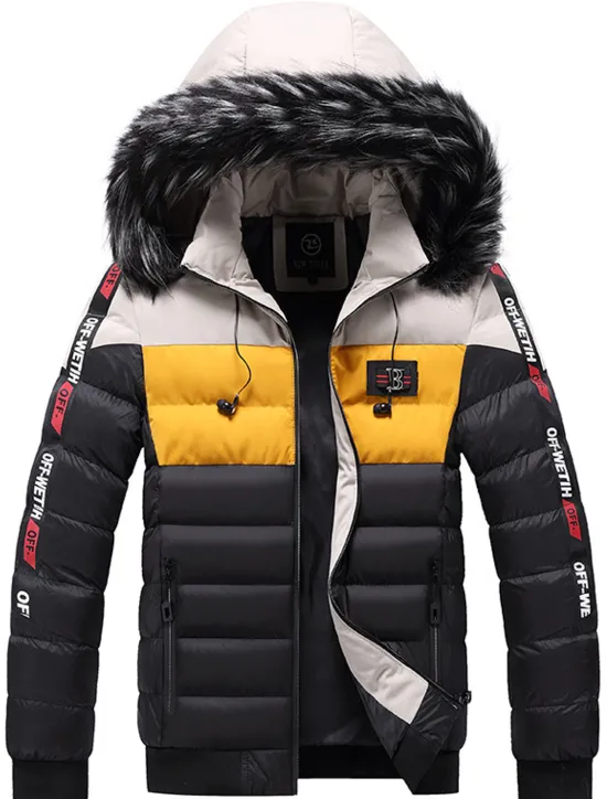 Online OUKU Men's Puffer Jacket Quilted Jacket Cardigan Parka Fur Trim Zipper Pocket Vacation Going out Casual Daily Warm Outdoor Casual Winter Letter Matte Black Black Yellow Red Puffer Jacket