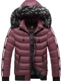 Online OUKU Men's Puffer Jacket Quilted Jacket Cardigan Parka Fur Trim Zipper Pocket Vacation Going out Casual Daily Warm Outdoor Casual Winter Letter Matte Black Black Yellow Red Puffer Jacket