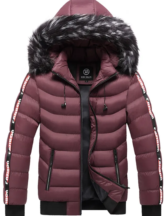 Online OUKU Men's Puffer Jacket Quilted Jacket Cardigan Parka Fur Trim Zipper Pocket Vacation Going out Casual Daily Warm Outdoor Casual Winter Letter Matte Black Black Yellow Red Puffer Jacket