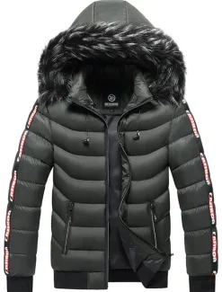 Online OUKU Men's Puffer Jacket Quilted Jacket Cardigan Parka Fur Trim Zipper Pocket Vacation Going out Casual Daily Warm Outdoor Casual Winter Letter Matte Black Black Yellow Red Puffer Jacket