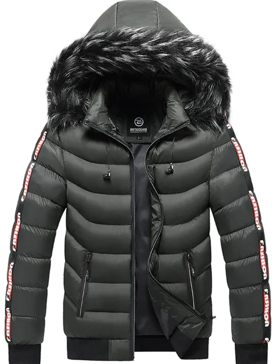 Online OUKU Men's Puffer Jacket Quilted Jacket Cardigan Parka Fur Trim Zipper Pocket Vacation Going out Casual Daily Warm Outdoor Casual Winter Letter Matte Black Black Yellow Red Puffer Jacket