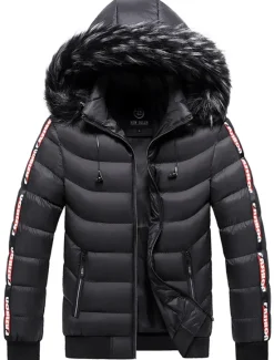 Online OUKU Men's Puffer Jacket Quilted Jacket Cardigan Parka Fur Trim Zipper Pocket Vacation Going out Casual Daily Warm Outdoor Casual Winter Letter Matte Black Black Yellow Red Puffer Jacket