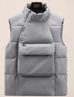 Hot OUKU Men's Puffer Vest Daily Casual Spring & Fall Pocket Polyester Comfortable Solid Color Pullover Regular Fit Black Gray Vest