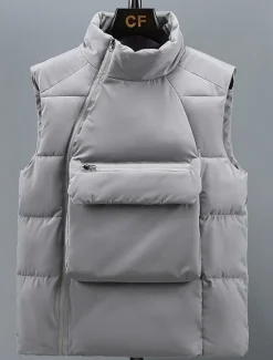 Hot OUKU Men's Puffer Vest Daily Casual Spring & Fall Pocket Polyester Comfortable Solid Color Pullover Regular Fit Black Gray Vest