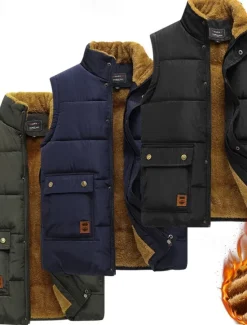 New OUKU Men's Puffer Vest Fleece Vest Gilet Daily Date Vacation Fashion Casual Fall & Winter Pocket Polyester Warm Comfortable Solid Color Hidden Buttoned Front Stand Collar Regular Fit Black Blue Army Green