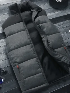 Sale OUKU Men's Puffer Vest Gilet Quilted Vest Daily Date Vacation Fashion Casual Fall & Winter Zipper Pocket Polyester Warm Comfortable Color Block Zipper Stand Collar Regular Fit Orange Light Grey Dark Gray