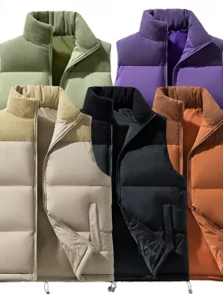 Discount OUKU Men's Puffer Vest Gilet Quilted Vest Daily Date Vacation Fashion Casual Fall & Winter Pocket Polyester Warm Comfortable Solid Color Zipper Stand Collar Regular Fit Black Purple Green Khaki Vest