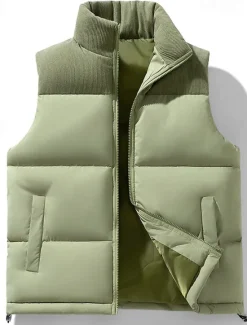 Discount OUKU Men's Puffer Vest Gilet Quilted Vest Daily Date Vacation Fashion Casual Fall & Winter Pocket Polyester Warm Comfortable Solid Color Zipper Stand Collar Regular Fit Black Purple Green Khaki Vest