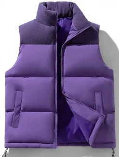 Discount OUKU Men's Puffer Vest Gilet Quilted Vest Daily Date Vacation Fashion Casual Fall & Winter Pocket Polyester Warm Comfortable Solid Color Zipper Stand Collar Regular Fit Black Purple Green Khaki Vest