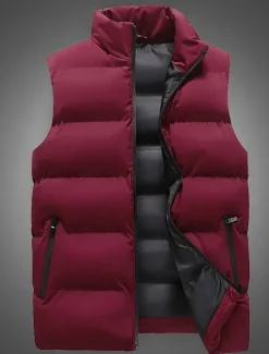 Online OUKU Men's Puffer Vest Gilet Quilted Vest Vacation Daily Date Fashion Casual Fall & Winter Pocket Polyester Warm Comfortable Solid Color Zipper Stand Collar Regular Fit Black Wine Red Blue Vest