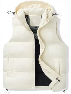 Sale OUKU Men's Puffer Vest Hoodie Vest Gilet Quilted Vest Daily Date Vacation Fashion Casual Fall & Winter Pocket Polyester Warm Comfortable Solid Color Zipper Hooded Regular Fit Black Brown Army Green Beige