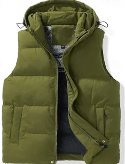 Sale OUKU Men's Puffer Vest Hoodie Vest Gilet Quilted Vest Daily Date Vacation Fashion Casual Fall & Winter Pocket Polyester Warm Comfortable Solid Color Zipper Hooded Regular Fit Black Brown Army Green Beige