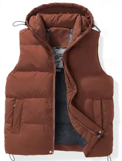 Sale OUKU Men's Puffer Vest Hoodie Vest Gilet Quilted Vest Daily Date Vacation Fashion Casual Fall & Winter Pocket Polyester Warm Comfortable Solid Color Zipper Hooded Regular Fit Black Brown Army Green Beige