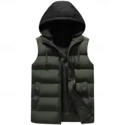 Sale OUKU Men's Puffer Vest Hoodie Vest Quilted Vest Daily Date Vacation Fashion Casual Fall & Winter Pocket Polyester Warm Comfortable Solid Color Zipper Hooded Regular Fit Black Army Green Gray Vest