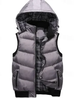 New OUKU Men's Puffer Vest Hoodie Vest Padded Gilet Quilted Vest Daily Date Vacation Fashion Casual Fall & Winter Pocket Polyester Warm Comfortable Color Block Zipper Hooded Regular Fit Black Red Army Green