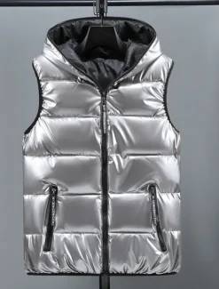 Best OUKU Men's Puffer Vest Hoodie Vest Padded Gilet Quilted Vest Daily Date Vacation Fashion Casual Fall & Winter Pocket Polyester Warm Comfortable Solid Color Zipper Hooded Regular Fit Silver Black Red Gold