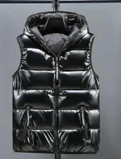 Best OUKU Men's Puffer Vest Hoodie Vest Padded Gilet Quilted Vest Daily Date Vacation Fashion Casual Fall & Winter Pocket Polyester Warm Comfortable Solid Color Zipper Hooded Regular Fit Silver Black Red Gold