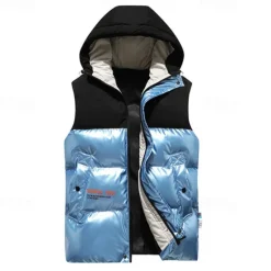 Best OUKU Men's Puffer Vest Vest Gilet Daily Date Vacation Fashion Casual Fall & Winter Pocket Polyester Warm Comfortable Color Block Zipper Hooded Regular Fit Silver Black Blue Vest