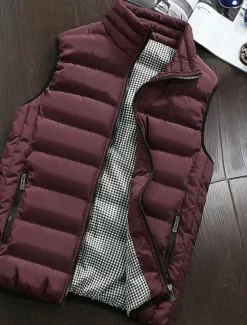 Clearance OUKU Men's Puffer Vest Vest Gilet Daily Date Vacation Fashion Casual Fall & Winter Pocket Polyester Warm Comfortable Plain Quilted Zipper Stand Collar Regular Fit Black White Red Burgundy Vest