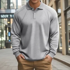 Online OUKU Men's Pullover Sweatshirt Golf Polos Shirts Formal Work Classic Long Sleeve Fashion Comfortable Solid Color Plain Buttons Fall Winter Black White Green Khaki Gray Pullover Sweatshirt