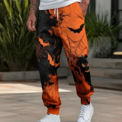Best OUKU Men's Pumpkin Bat Halloween Costumes Sweatpants Joggers Trousers Mid Waist Drawstring Elastic Waist Casual Jogging Streetwear Workout Athletic Sweatpants with Pockets Spring Fall 3D Print Yellow