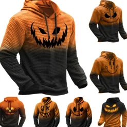 Outlet OUKU Men's Pumpkin Graphic Prints Hoodie Hoodies Waffle Hoodie Daily Classic Long Sleeve Hooded Halloween Holiday Going out Black Yellow Print Spring & Fall Designer