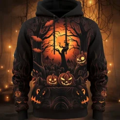 Clearance OUKU Men's Pumpkin Graphic Prints Hoodie Hoodies Sweatshirt Daily Classic Long Sleeve Hooded Halloween Holiday Going out Black Orange Print Spring & Fall Designer