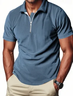 New OUKU Men's Quarter Zip Polo Golf Shirt Daily Holiday Quarter Zip Short Sleeve Fashion Basic Plain Zip Up Summer Spring Regular Fit Black White Blue Khaki Gray Quarter Zip Polo