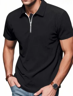 New OUKU Men's Quarter Zip Polo Golf Shirt Daily Holiday Quarter Zip Short Sleeve Fashion Basic Plain Zip Up Summer Spring Regular Fit Black White Blue Khaki Gray Quarter Zip Polo