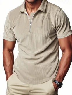 New OUKU Men's Quarter Zip Polo Golf Shirt Daily Holiday Quarter Zip Short Sleeve Fashion Basic Plain Zip Up Summer Spring Regular Fit Black White Blue Khaki Gray Quarter Zip Polo