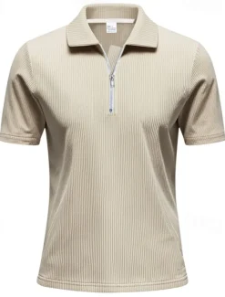 New OUKU Men's Quarter Zip Polo Golf Shirt Daily Holiday Quarter Zip Short Sleeve Fashion Basic Plain Zip Up Summer Spring Regular Fit Black White Blue Khaki Gray Quarter Zip Polo