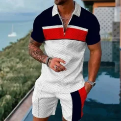 Discount OUKU Men's Quarter Zip Polo Golf Shirt Daily Holiday Quarter Zip Short Sleeve Fashion Basic Color Block 2 Piece Spring & Summer Regular Fit White Red Quarter Zip Polo