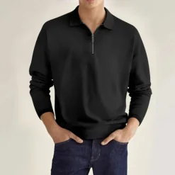 Online OUKU Men's Quarter Zip Polo Golf Shirt Daily Holiday Lapel Long Sleeve Fashion Modern Plain Spring & Fall Regular Fit Black White Pink Wine Navy Blue Royal Blue Quarter Zip Polo