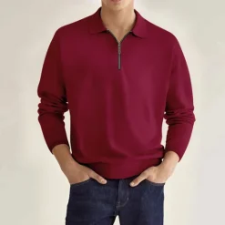 Online OUKU Men's Quarter Zip Polo Golf Shirt Daily Holiday Lapel Long Sleeve Fashion Modern Plain Spring & Fall Regular Fit Black White Pink Wine Navy Blue Royal Blue Quarter Zip Polo