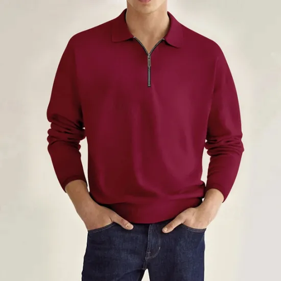 Online OUKU Men's Quarter Zip Polo Golf Shirt Daily Holiday Lapel Long Sleeve Fashion Modern Plain Spring & Fall Regular Fit Black White Pink Wine Navy Blue Royal Blue Quarter Zip Polo