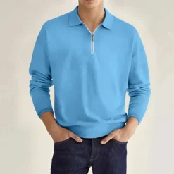 Online OUKU Men's Quarter Zip Polo Golf Shirt Daily Holiday Lapel Long Sleeve Fashion Modern Plain Spring & Fall Regular Fit Black White Pink Wine Navy Blue Royal Blue Quarter Zip Polo