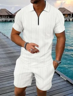 New OUKU Men's Quarter Zip Polo Golf Shirt Daily Holiday Lapel Short Sleeve Fashion Basic Plain 2 Piece Jacquard Summer Regular Fit Black White Blue Khaki Army Green Gray Quarter Zip Polo