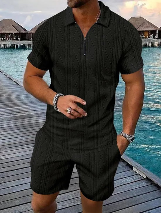 New OUKU Men's Quarter Zip Polo Golf Shirt Daily Holiday Lapel Short Sleeve Fashion Basic Plain 2 Piece Jacquard Summer Regular Fit Black White Blue Khaki Army Green Gray Quarter Zip Polo