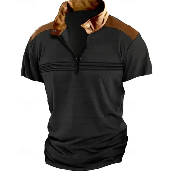 Hot OUKU Men's Quarter Zip Polo Golf Shirt Work Casual Lapel Short Sleeve Basic Modern Color Block Patchwork Summer Regular Fit Black White Sky Blue Khaki Gray Quarter Zip Polo