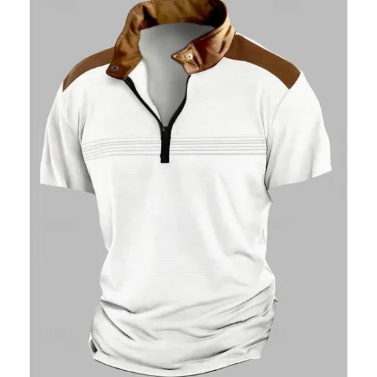 Hot OUKU Men's Quarter Zip Polo Golf Shirt Work Casual Lapel Short Sleeve Basic Modern Color Block Patchwork Summer Regular Fit Black White Sky Blue Khaki Gray Quarter Zip Polo