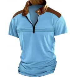Hot OUKU Men's Quarter Zip Polo Golf Shirt Work Casual Lapel Short Sleeve Basic Modern Color Block Patchwork Summer Regular Fit Black White Sky Blue Khaki Gray Quarter Zip Polo