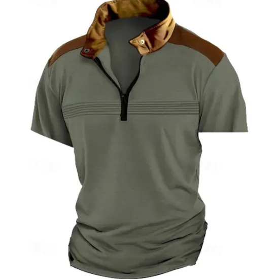 Hot OUKU Men's Quarter Zip Polo Golf Shirt Work Casual Lapel Short Sleeve Basic Modern Color Block Patchwork Summer Regular Fit Black White Sky Blue Khaki Gray Quarter Zip Polo