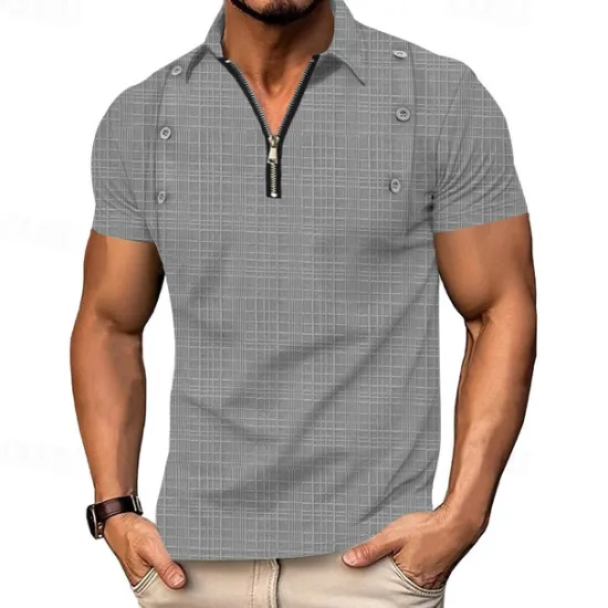 Outlet OUKU Men's Quarter Zip Polo Golf Shirt Daily Holiday Lapel Short Sleeve Fashion Basic Plain Jacquard Summer Regular Fit Black White Navy Blue Khaki Light Sky Blue Gray Quarter Zip Polo