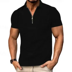 Outlet OUKU Men's Quarter Zip Polo Golf Shirt Daily Holiday Lapel Short Sleeve Fashion Basic Plain Jacquard Summer Regular Fit Black White Navy Blue Khaki Light Sky Blue Gray Quarter Zip Polo