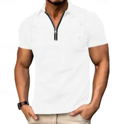 Outlet OUKU Men's Quarter Zip Polo Golf Shirt Daily Holiday Lapel Short Sleeve Fashion Basic Plain Jacquard Summer Regular Fit Black White Navy Blue Khaki Light Sky Blue Gray Quarter Zip Polo