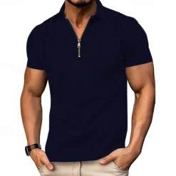 Outlet OUKU Men's Quarter Zip Polo Golf Shirt Daily Holiday Lapel Short Sleeve Fashion Basic Plain Jacquard Summer Regular Fit Black White Navy Blue Khaki Light Sky Blue Gray Quarter Zip Polo