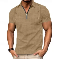 Outlet OUKU Men's Quarter Zip Polo Golf Shirt Daily Holiday Lapel Short Sleeve Fashion Basic Plain Jacquard Summer Regular Fit Black White Navy Blue Khaki Light Sky Blue Gray Quarter Zip Polo