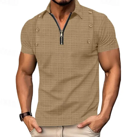 Outlet OUKU Men's Quarter Zip Polo Golf Shirt Daily Holiday Lapel Short Sleeve Fashion Basic Plain Jacquard Summer Regular Fit Black White Navy Blue Khaki Light Sky Blue Gray Quarter Zip Polo